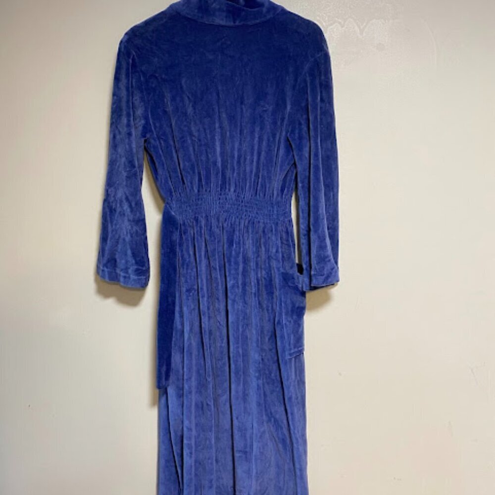 Vintage Velour Smocked Waist Royal Blue Maxi Robe - Size M - Picture 10 of 12